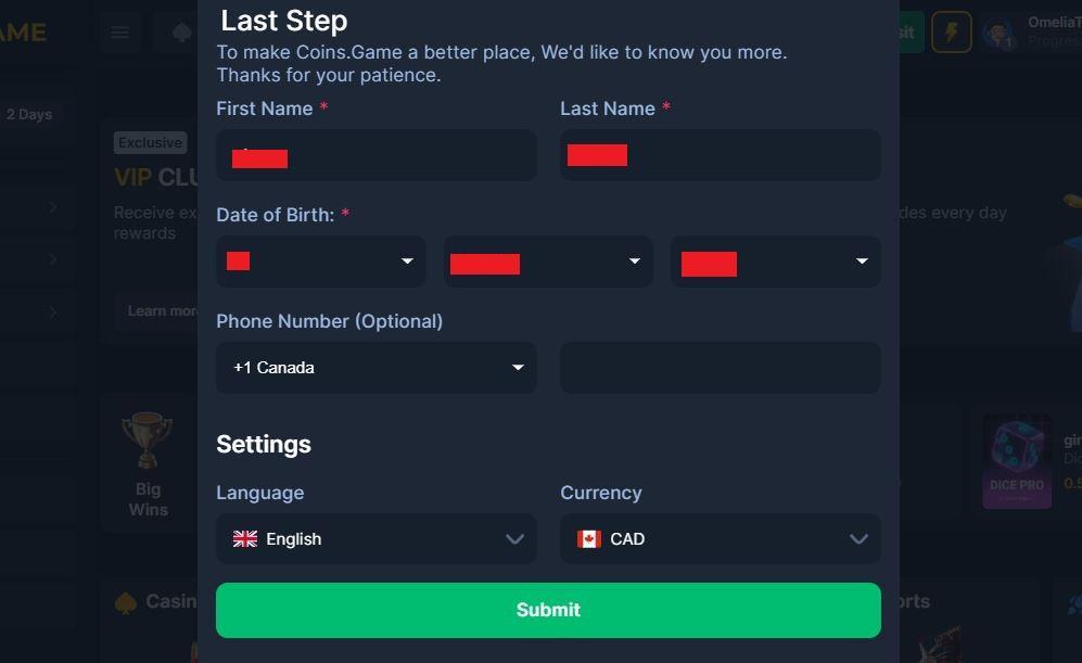 coins-game registration form