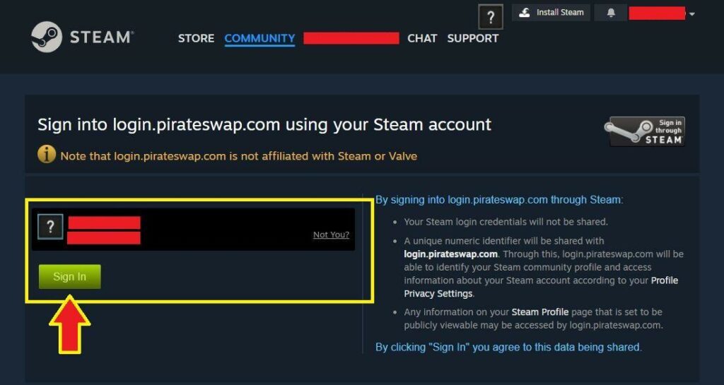 pirateswap sign-in via Steam