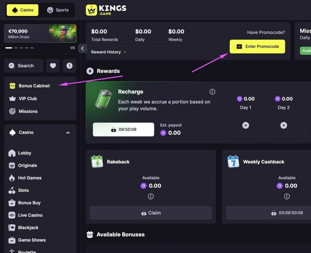 Kings Game Casino Promo Code activation