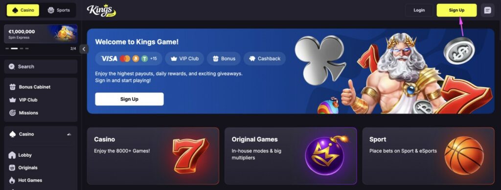 Kings Game bonus code sign-up page