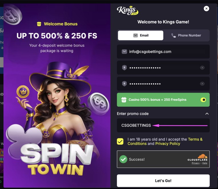 Kings Game sign-up with promo code