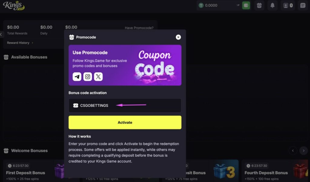Kings Game bonus code activation steps