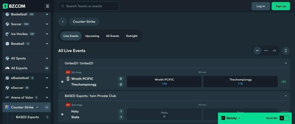 BZ Counter-Strike betting section with live CS2 match odds