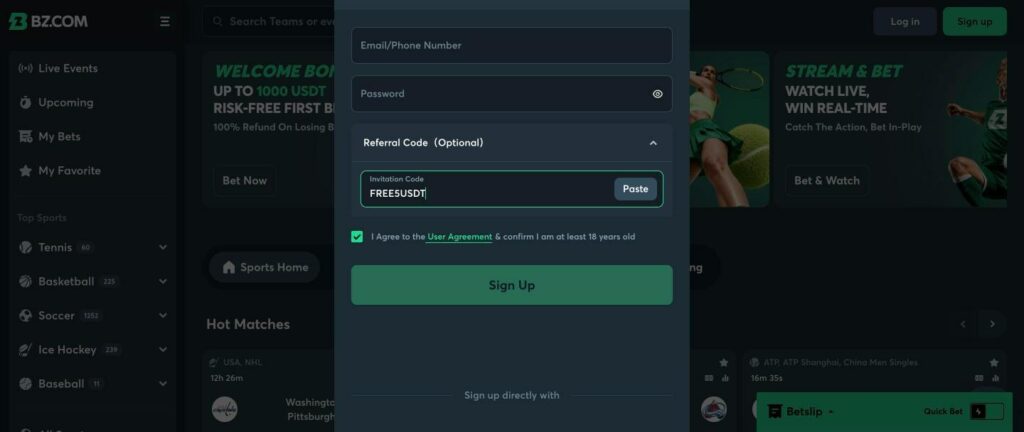 BZ promo code FREE5USDT entered in the Invitation Code field at registration